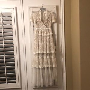 needle & thread embroidered lace tiered maxi dress in ivory